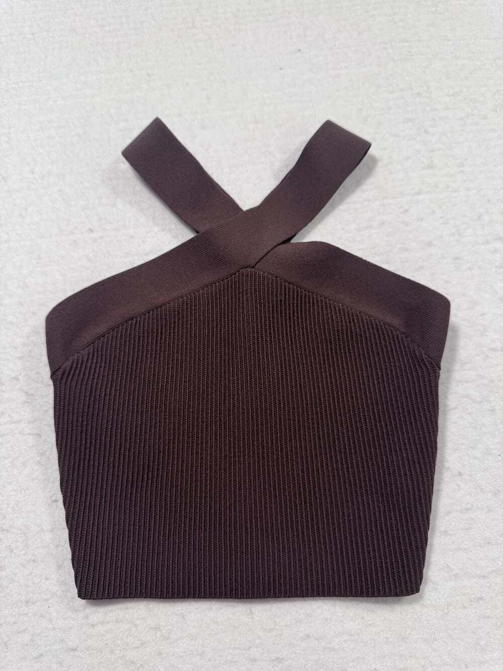 Babaton Sculpt Knit Criss Cross Brown Ribbed Halter Crop Top S